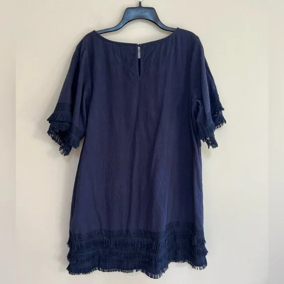 Umgee Cotton Short Sleeved T-Shirt Fringe Hem Dress in Navy Blue, size L - Picture 2 of 8